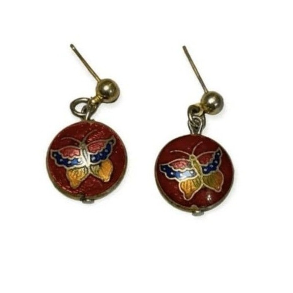 Vintage Cloisonne Butterfly Earrings Gold Red‎ Blue Orange Pierced Studs